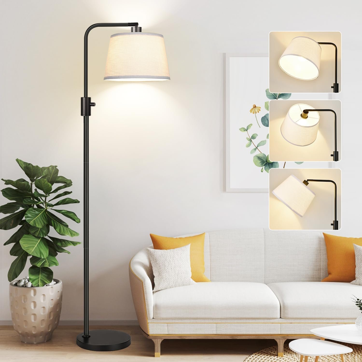 Dimmable Arc Floor Lamp, LED, Linen Shade, Black