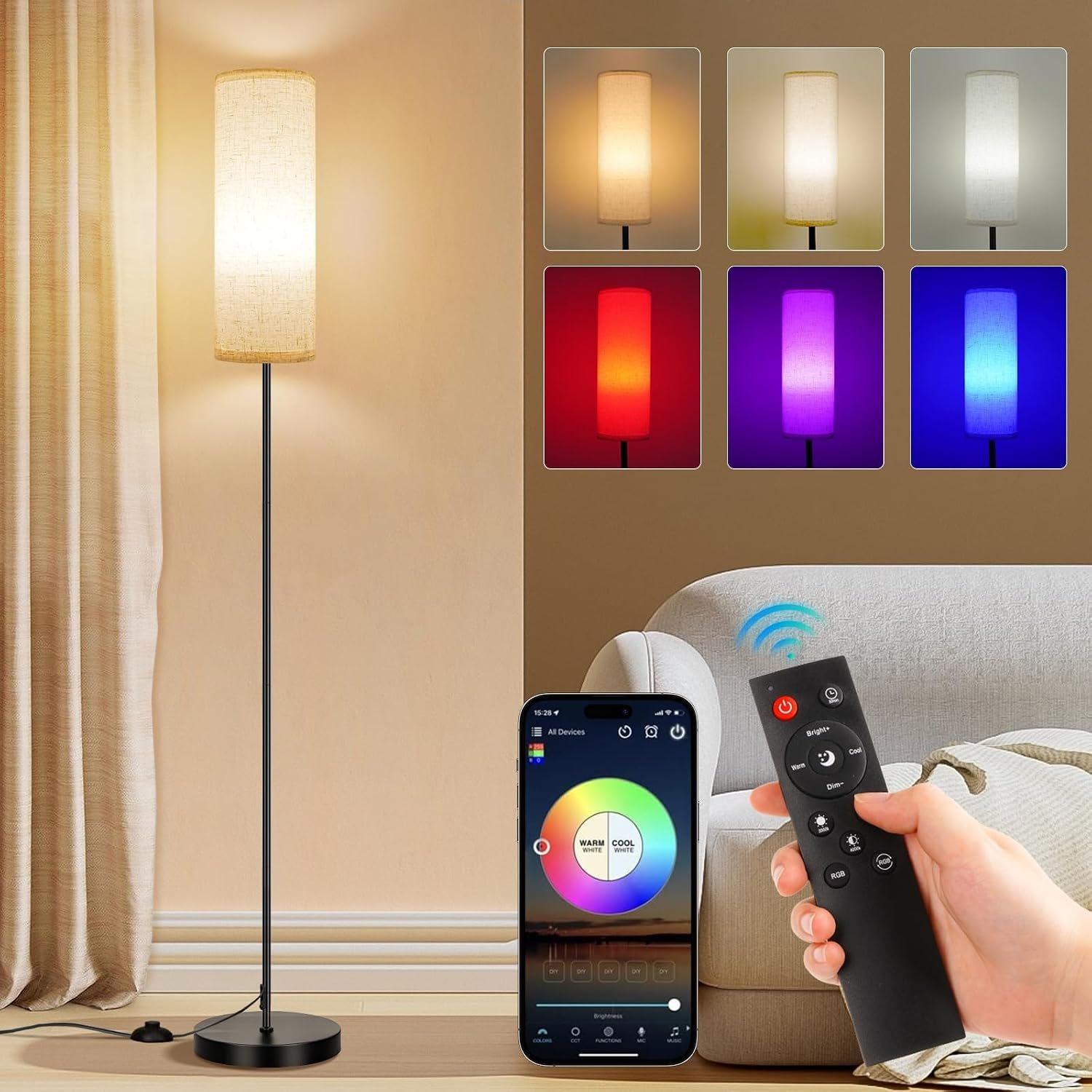 FRIDEKO Floor Lamp, Color Changing Smart Bulb, Beige