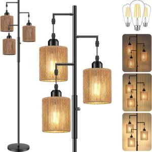 Boho Rattan Tree Floor Lamp Dimmable Industrial Black