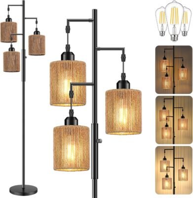 Boho Rattan Tree Floor Lamp Dimmable Industrial Black