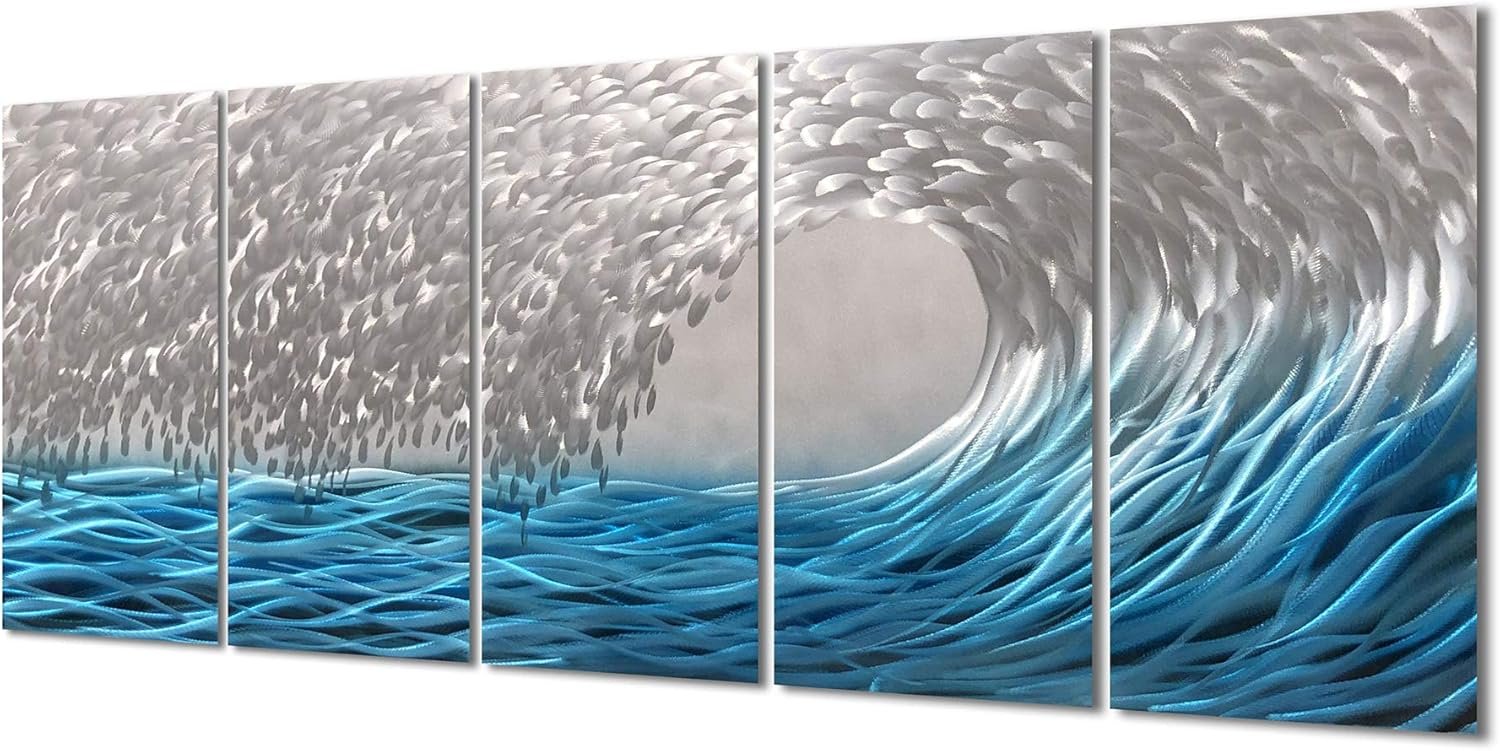 Silver Sea Waves Aluminum 5-Piece Wall Art Blue