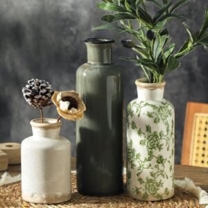 Vintage Vase Set of 3 Chinoiserie Green Beige