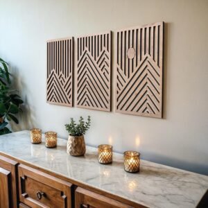 Modern Wooden Wall Sculptures Set 3 Mountain Sun